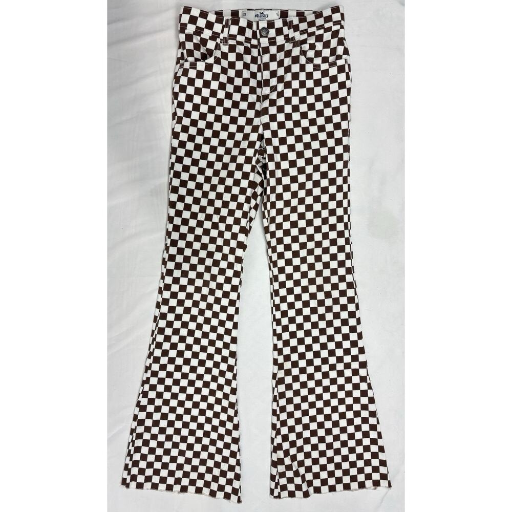 Hollister Women’s Brown White Checkered High Rise Flare Pants Stretch 70’s XS